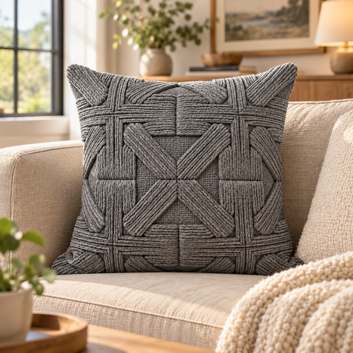 Gray Textured Throw Pillow