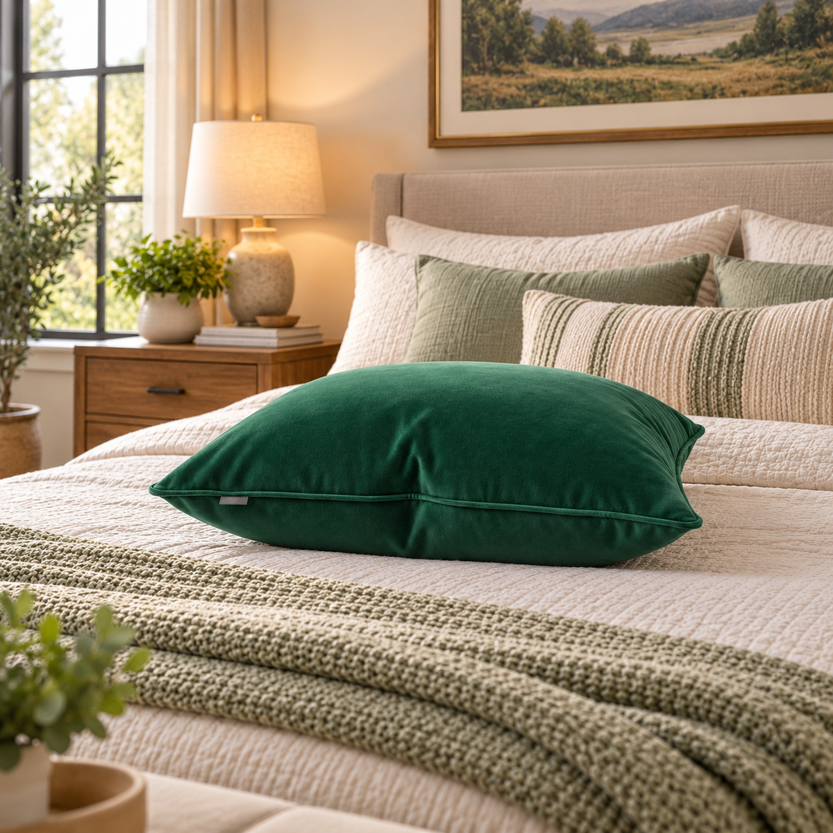Green Velvet Decorative Throw Pillow