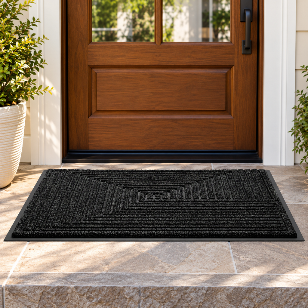 Black Geometric Rubber Doormat