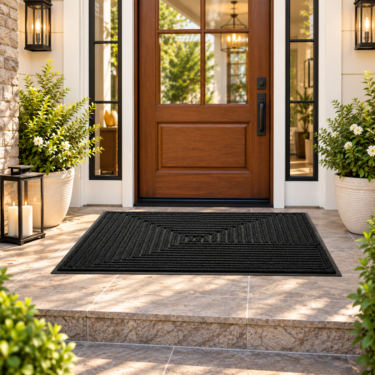Black Geometric Rubber Doormat